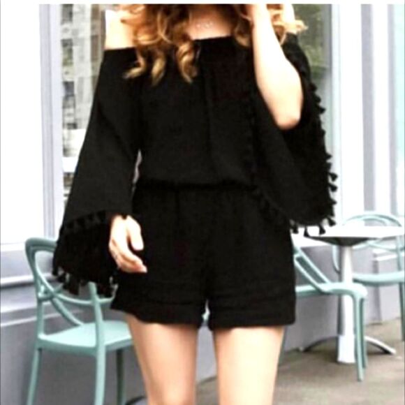 Fifteen Twenty Black Tassel Pom Pom Trim  Off Shoulder or on Romper SM nwot - Picture 1 of 9